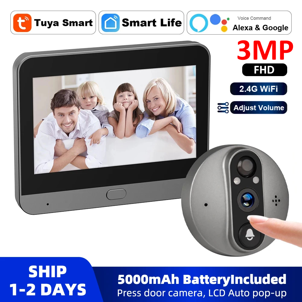 Home Security Camera Installation - 3MP WiFi Smart Tuya Peephole 5000mAh
